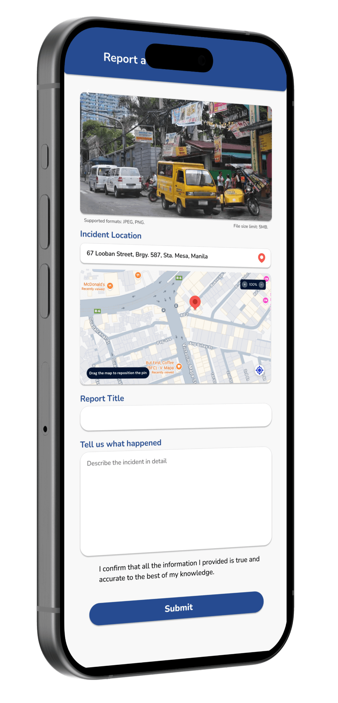 Mobile interface showing issue reporting feature