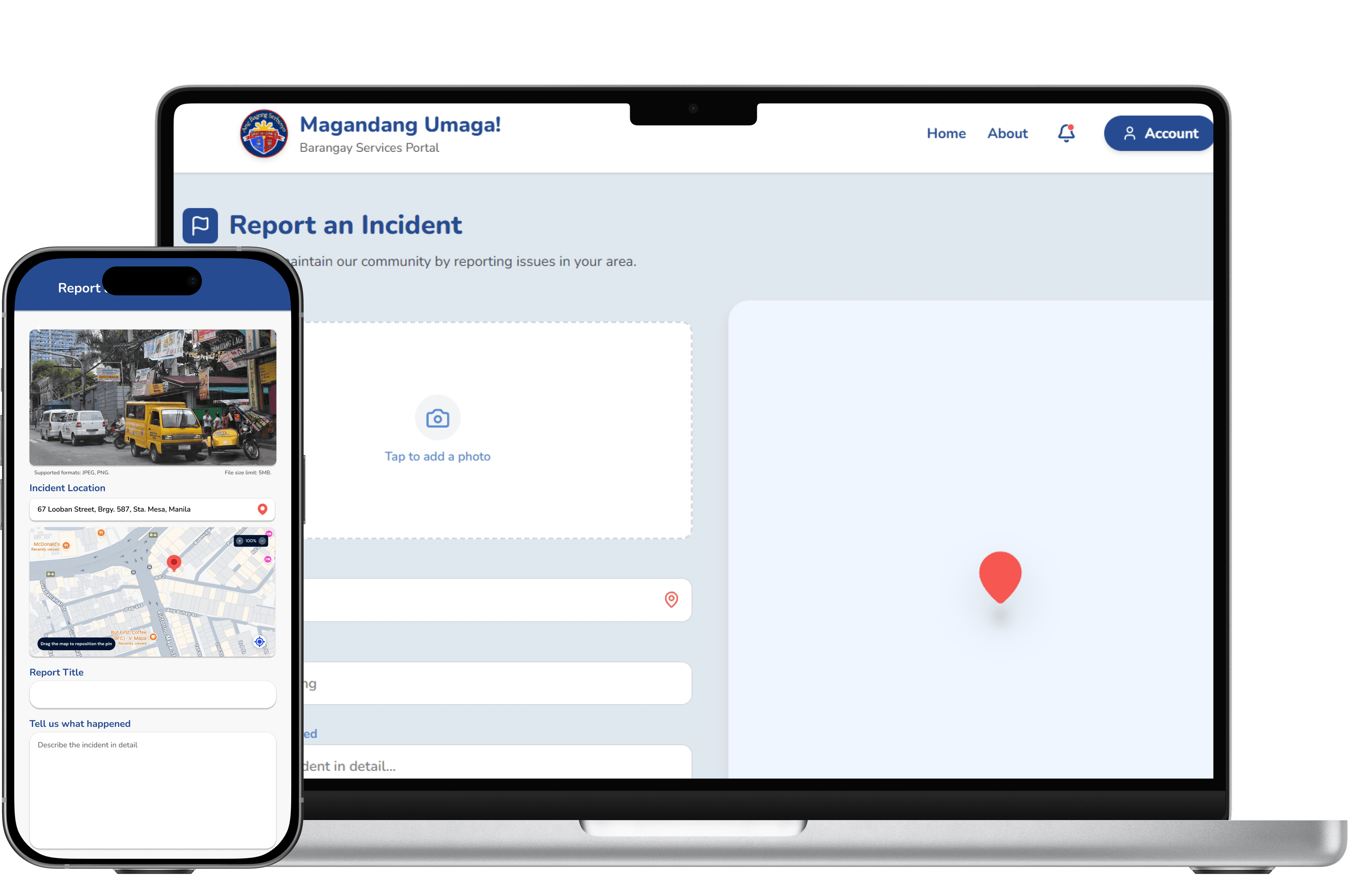 Mobile interface showing issue reporting feature